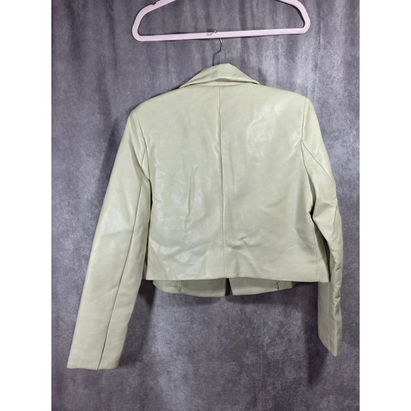 7 For All Mankind Faux Leather Cropped Blazer Cream Double Breasted Jacket M - Picture 6 of 9